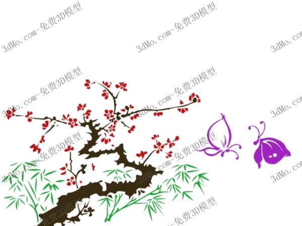 Modle 3D de murs en bambou peintes fleur de prunier